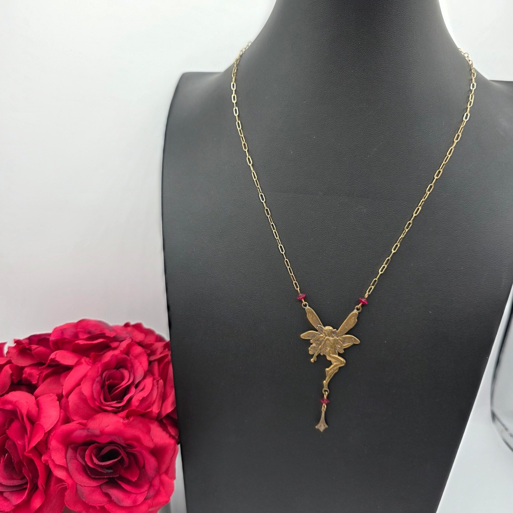 Pididdly Links Kingston NY Brass Fairy Necklace Red Crystal Art Nouveau Style